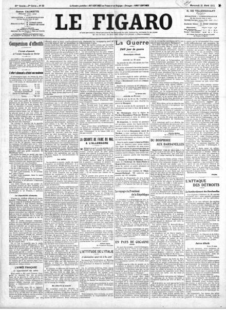 La prima pagina di Le Figaro del 31 marzo 1915