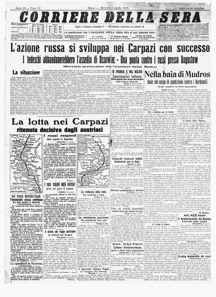 La prima pagina del Corriere della Sera dell'1 aprile 1915
