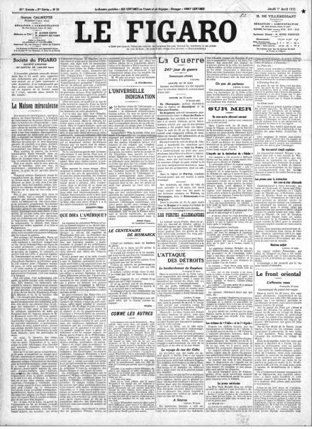 La prima pagina di Le Figaro dell'1 aprile 1915