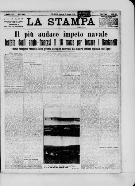 La prima pagina de La Stampa del 2 aprile 1915
