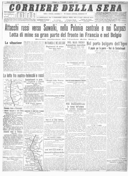 La prima pagina del Corriere della Sera del 2 aprile 1915