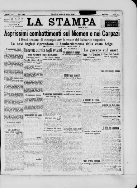 La prima pagina de La Stampa del 3 aprile 1915