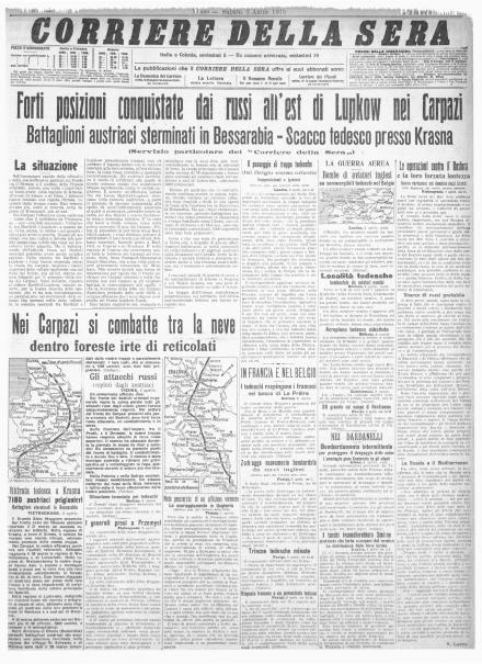 La prima pagina del Corriere della Sera del 3 aprile 1915