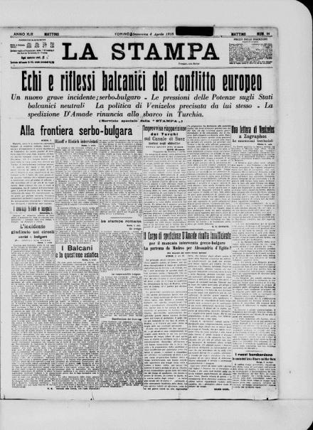 La prima pagina de La Stampa del 4 aprile 1915