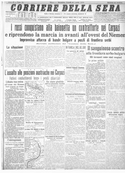 La prima pagina del Corriere della Sera del 4 aprile 1915