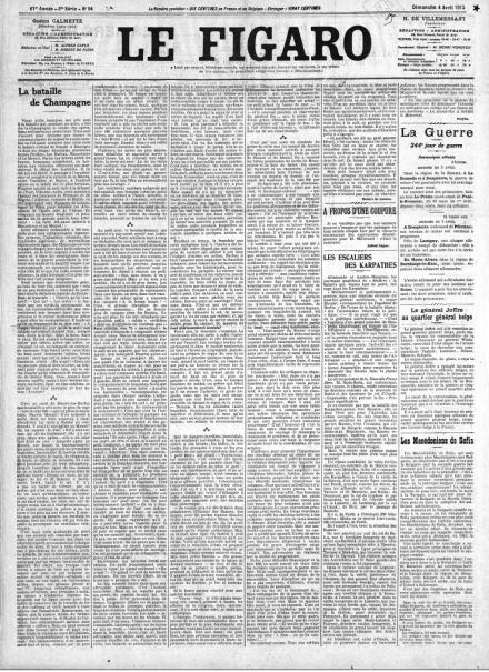 La prima pagina di Le Figaro del 4 aprile 1915