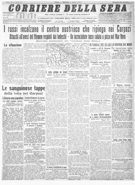 La prima pagina del Corriere della Sera del 6 aprile 1915