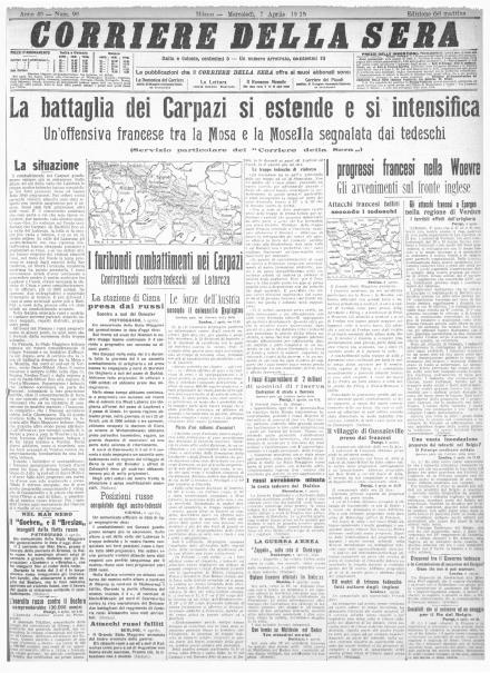 La prima pagina del Corriere della Sera del 7 aprile 1915