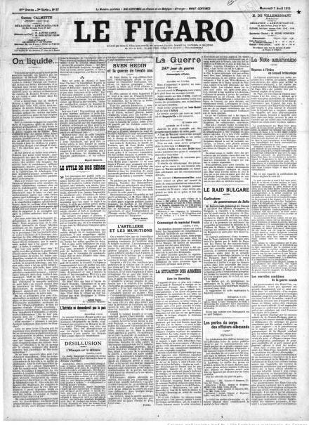 La prima pagina di Le Figaro del 7 aprile 1915