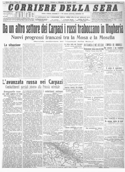 La prima pagina del Corriere della Sera dell'8 aprile 1915