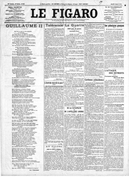 La prima pagina di Le Figaro dell'8 aprile 1915