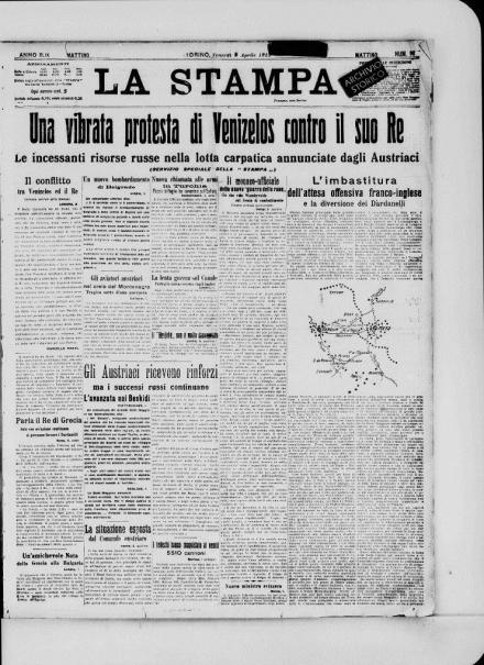 La prima pagina de La Stampa del 9 aprile 1915
