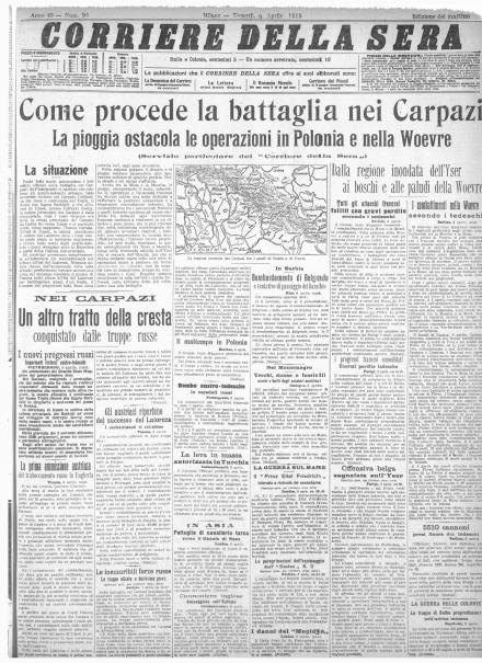 La prima pagina del Corriere della Sera del 9 aprile 1915