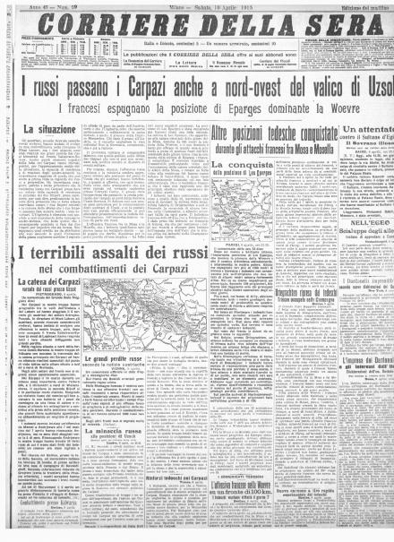 La prima pagina del Corriere della Sera del 10 aprile 1915