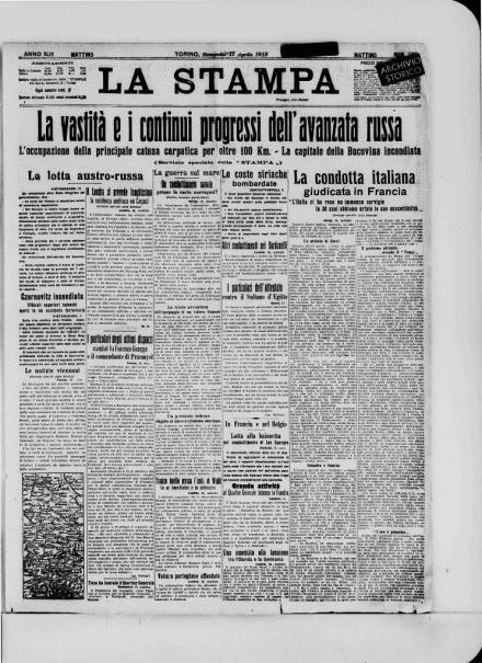 La prima pagina de La Stampa dell'11 aprile 1915