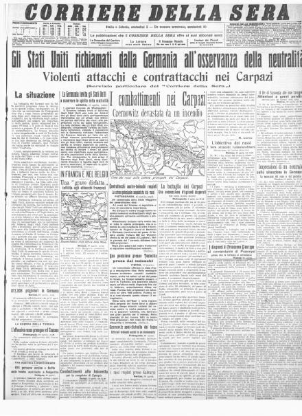 La prima pagina del Corriere della Sera dell'11 aprile 1915