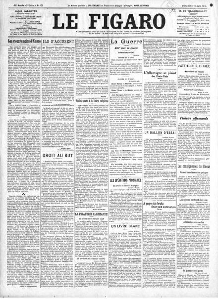 La prima pagina di Le Figaro dell'11 aprile 1915