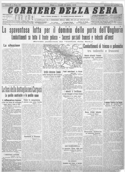 La prima pagina del Corriere della Sera del 12 aprile 1915