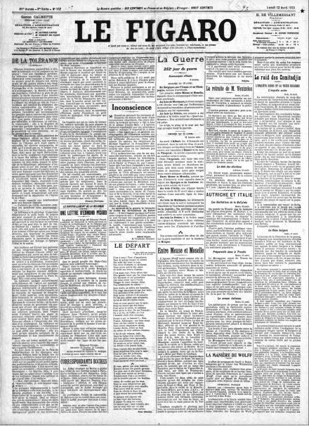 La prima pagina di Le Figaro del 12 aprile 1915