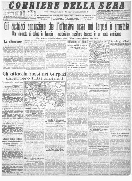 La prima pagina del Corriere della Sera del 13 aprile 1915