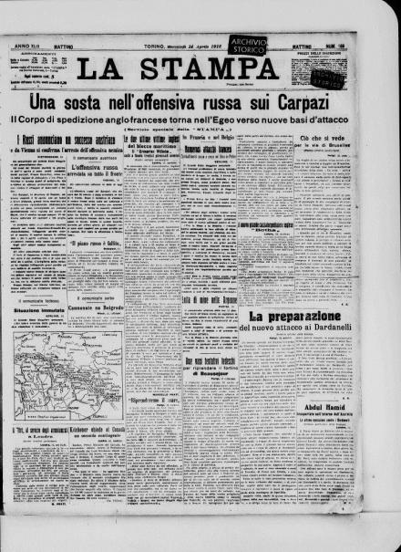 La prima pagina de La Stampa del 14 aprile 1915