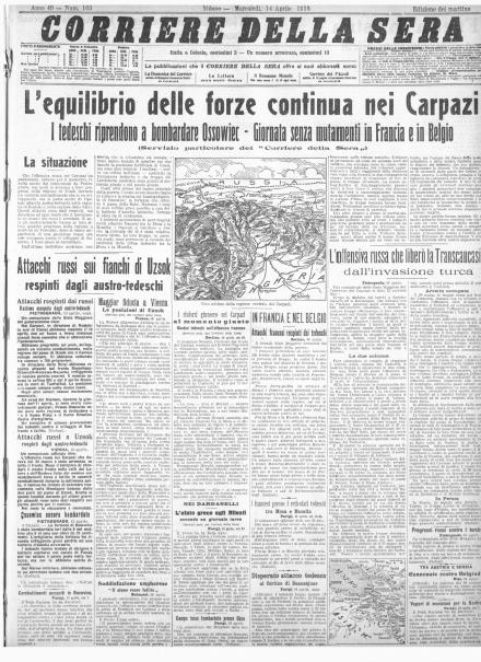 La prima pagina del Corriere della Sera del 14 aprile 1915