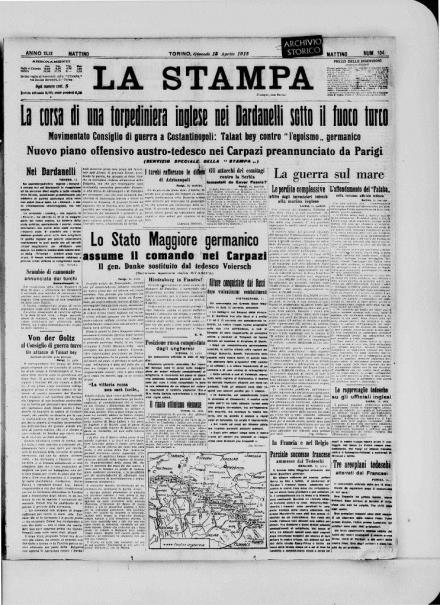 La prima pagina de La Stampa del 15 aprile 1915