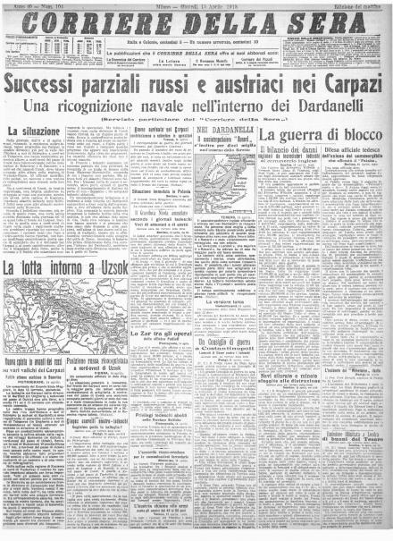 La prima pagina del Corriere della Sera del 15 aprile 1915