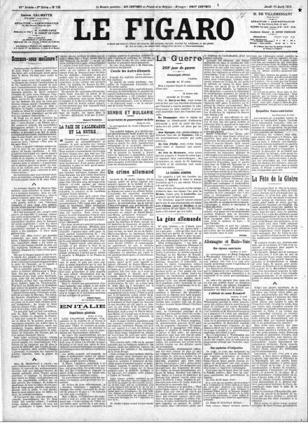 La prima pagina di Le Figaro del 15 aprile 1915