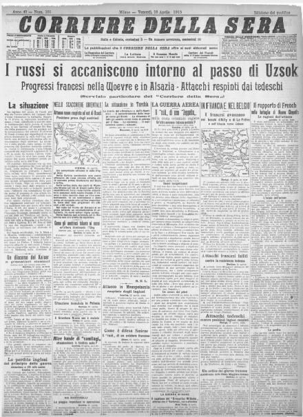 La prima pagina del Corriere della Sera del 16 aprile 1915