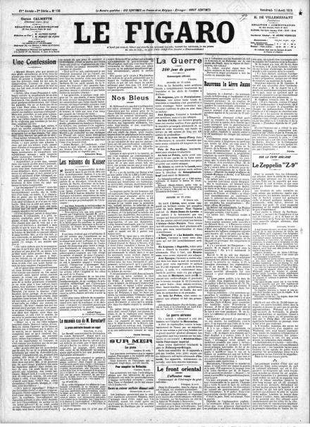 La prima pagina di Le Figaro del 16 aprile 1915