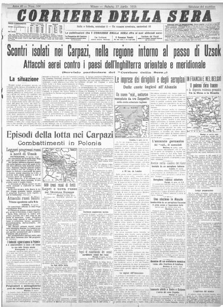 La prima pagina del Corriere della Sera del 17 aprile 1915