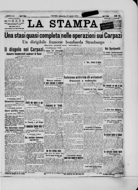 La prima pagina de La Stampa del 18 aprile 1915