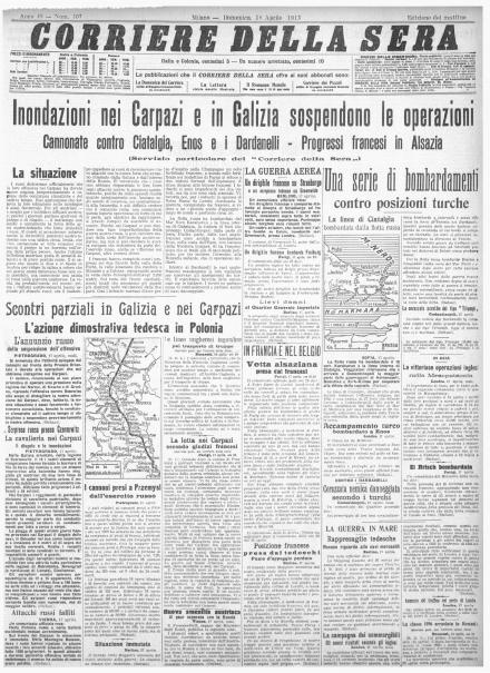 La prima pagina del Corriere della Sera del 18 aprile 1915