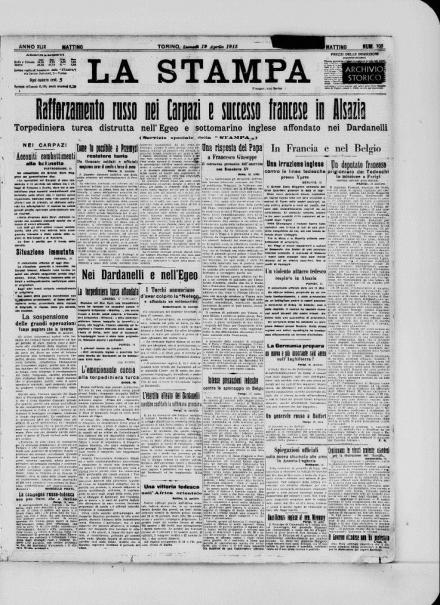 La prima pagina de La Stampa del 19 aprile 1915