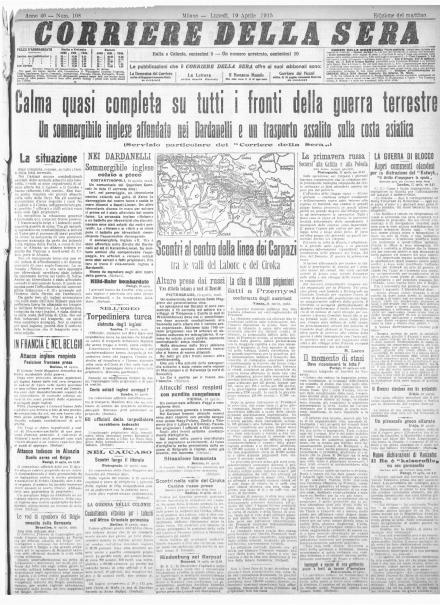 La prima pagina del Corriere della Sera del 19 aprile 1915