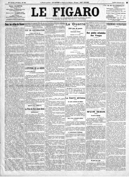 La prima pagina di Le Figaro del 19 aprile 1915