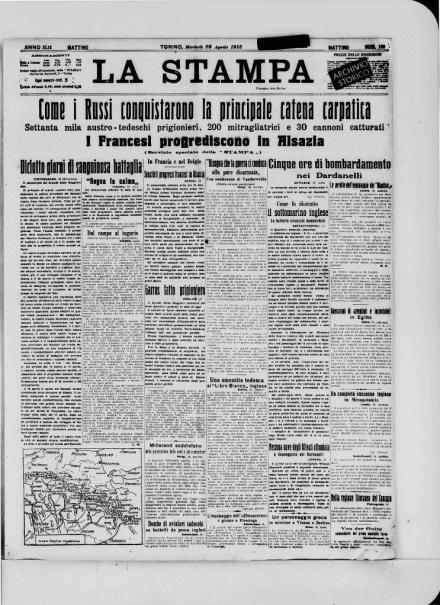 La prima pagina de La Stampa del 20 aprile 1915