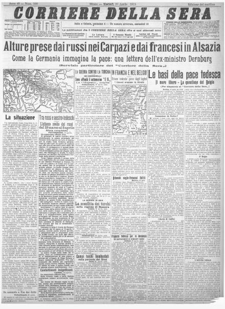 La prima pagina del Corriere della Sera del 20 aprile 1915