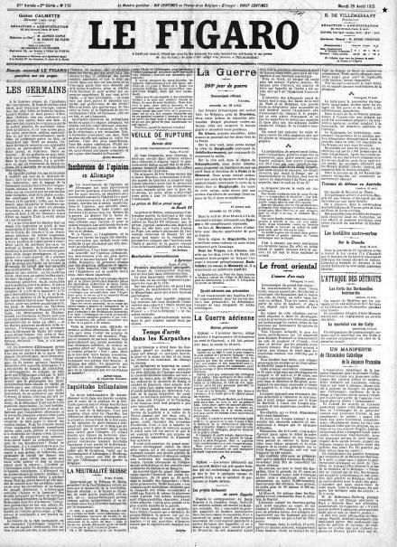 La prima pagina di Le Figaro del 20 aprile 1915