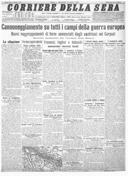 La prima pagina del Corriere della Sera del 21 aprile 1915