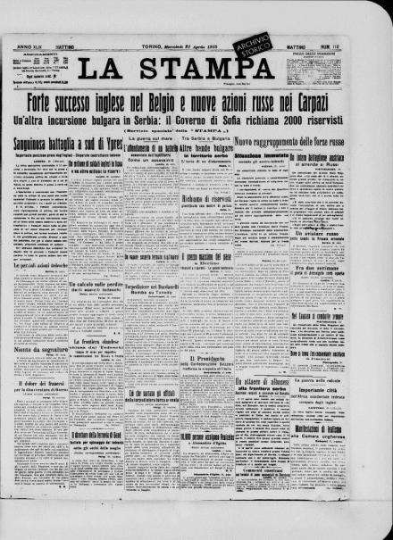 La prima pagina de La Stampa del 21 aprile 1915