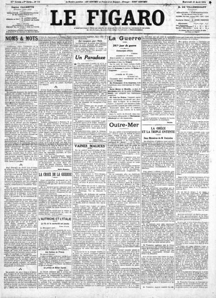 La prima pagina di Le Figaro del 21 aprile 1915