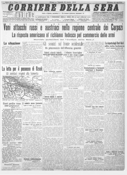 La prima pagina di Corriere della Sera del 23 aprile 1915