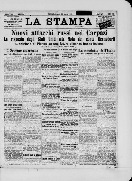 La prima pagina de La Stampa del 23 aprile 1915