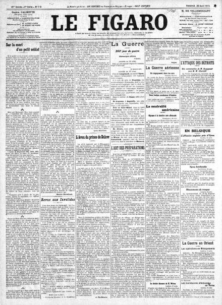 La prima pagina di Le Figaro del 23 aprile 1915