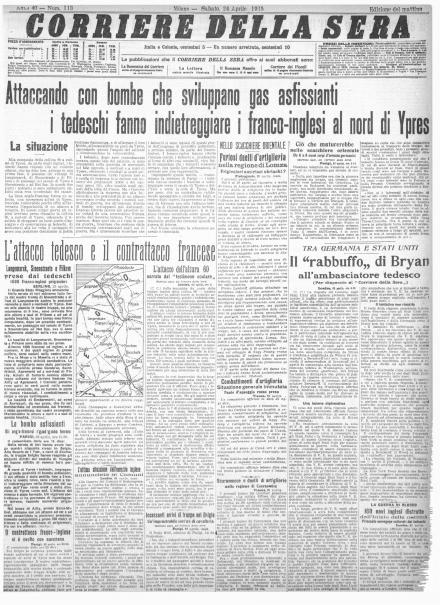 La prima pagina del Corriere della Sera del 24 aprile 1915