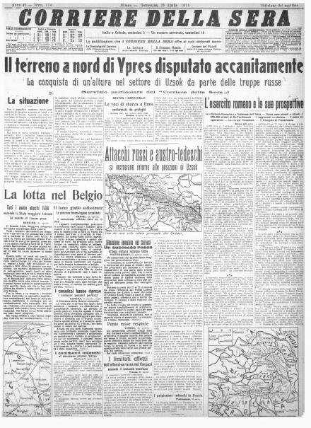 La prima pagina del Corriere della Sera del 25 aprile 1915