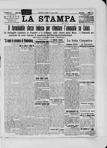 La prima pagina di La Stampa del 27 aprile 1915