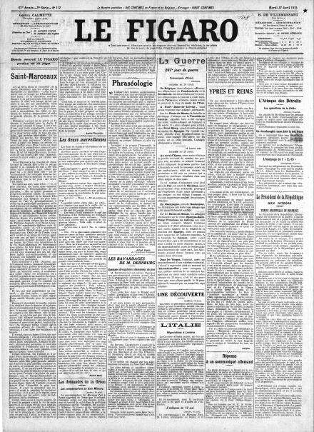 La prima pagina di Le Figaro del 27 aprile 1915